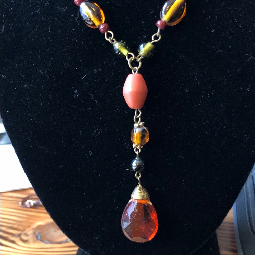 Amber Teardrop Pendant Necklace - Coral Accent